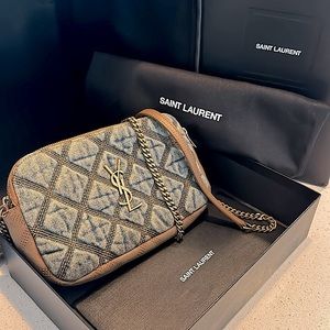 YSL AUTHENTIC M.BAG BECKY DENIM NIKKOSUEDE SATIN CALF RODEO BLU/CINNAMON -LOVED